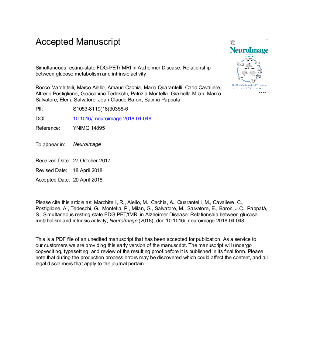 Simultaneous resting-state FDG-PET/fMRI in Alzheimer Disease: Relationship between glucose metabolism and intrinsic activity