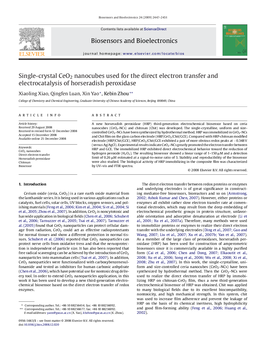 Single-crystal CeO2 nanocubes used for the direct electron transfer and electrocatalysis of horseradish peroxidase