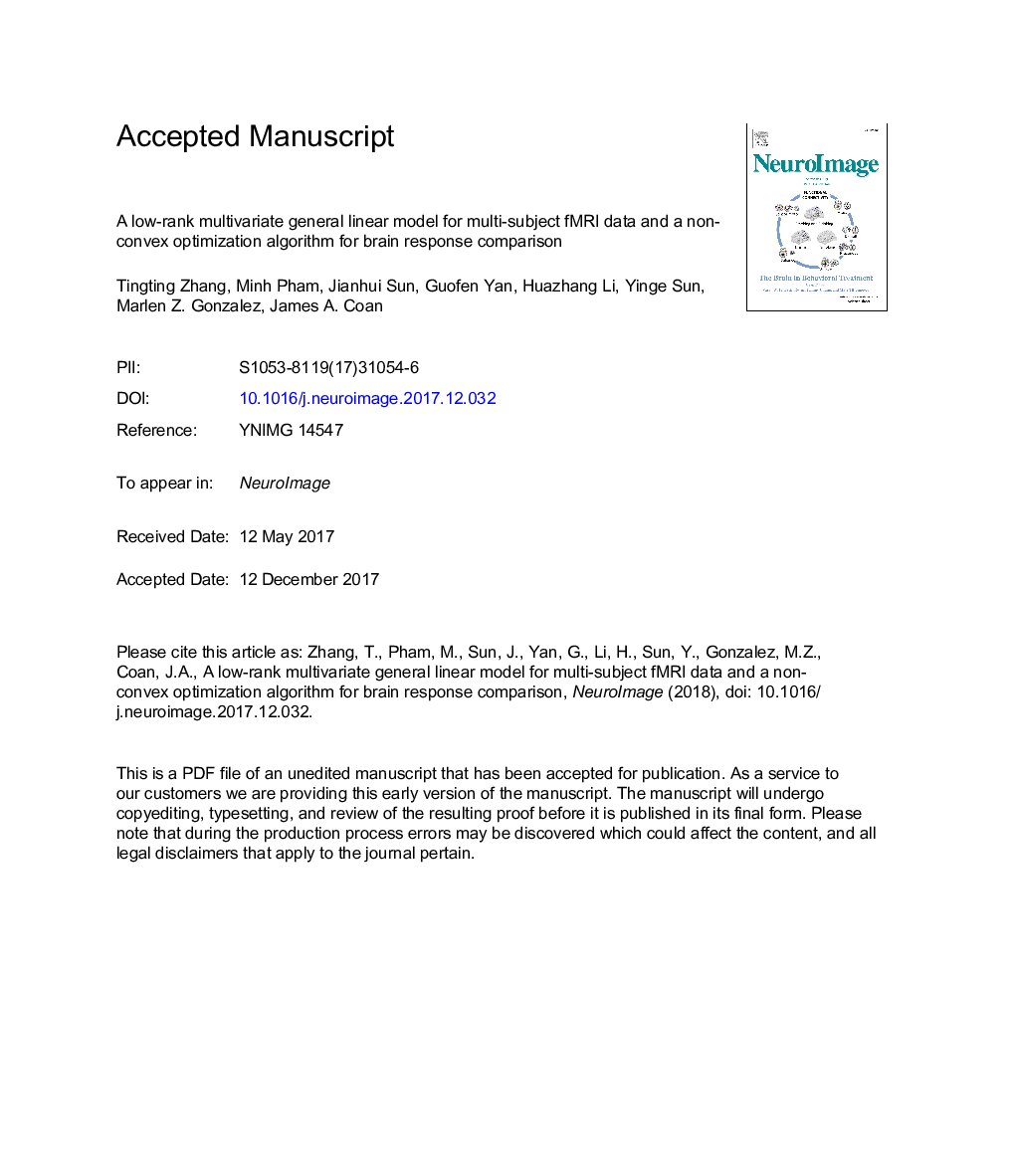 عکس صفحه اول مقاله: A low-rank multivariate general linear model for multi-subject fMRI data and a non-convex optimization algorithm for brain response comparison A low-rank multivariate general linear model for multi-subject fMRI data and a non-convex optimization algorithm for brain response comparison