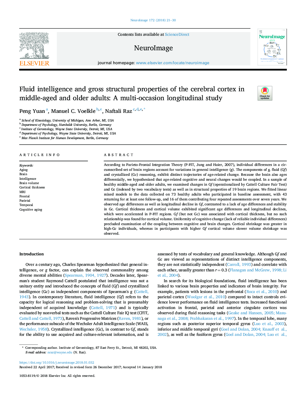 Fluid intelligence and gross structural properties of the cerebral cortex in middle-aged and older adults: A multi-occasion longitudinal study