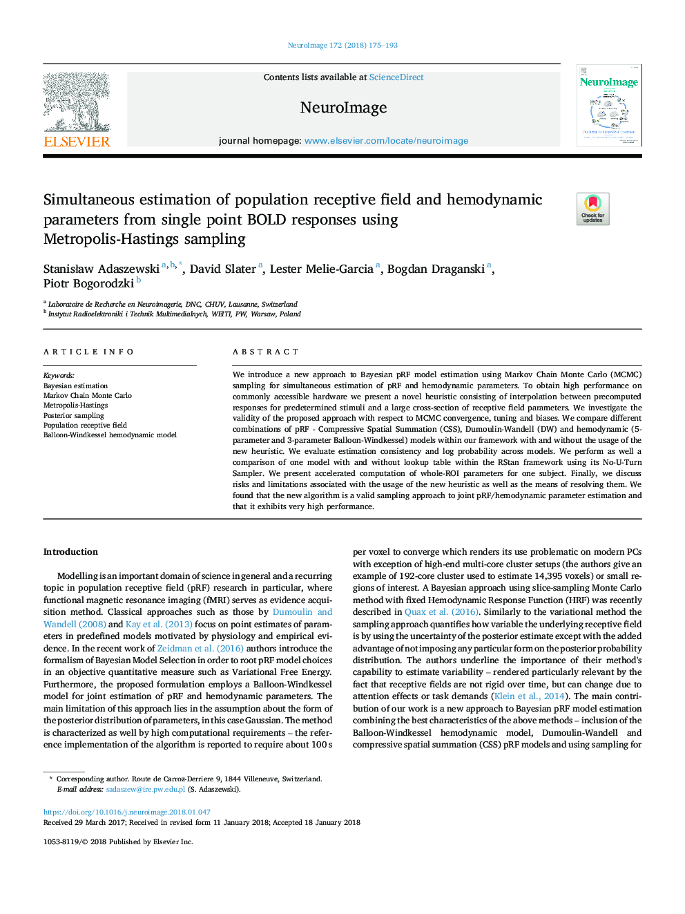 Simultaneous estimation of population receptive field and hemodynamic parameters from single point BOLD responses using Metropolis-Hastings sampling