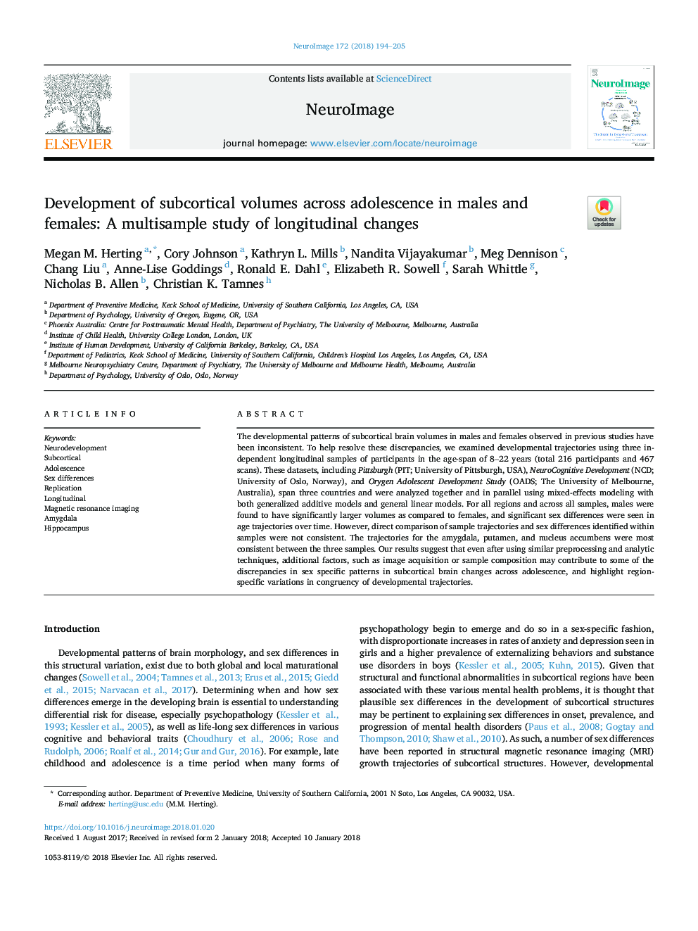 Development of subcortical volumes across adolescence in males and females: A multisample study of longitudinal changes