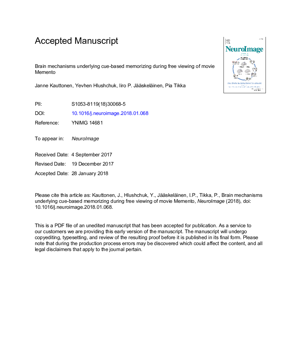 عکس صفحه اول مقاله: Brain mechanisms underlying cue-based memorizing during free viewing of movie Memento Brain mechanisms underlying cue-based memorizing during free viewing of movie Memento