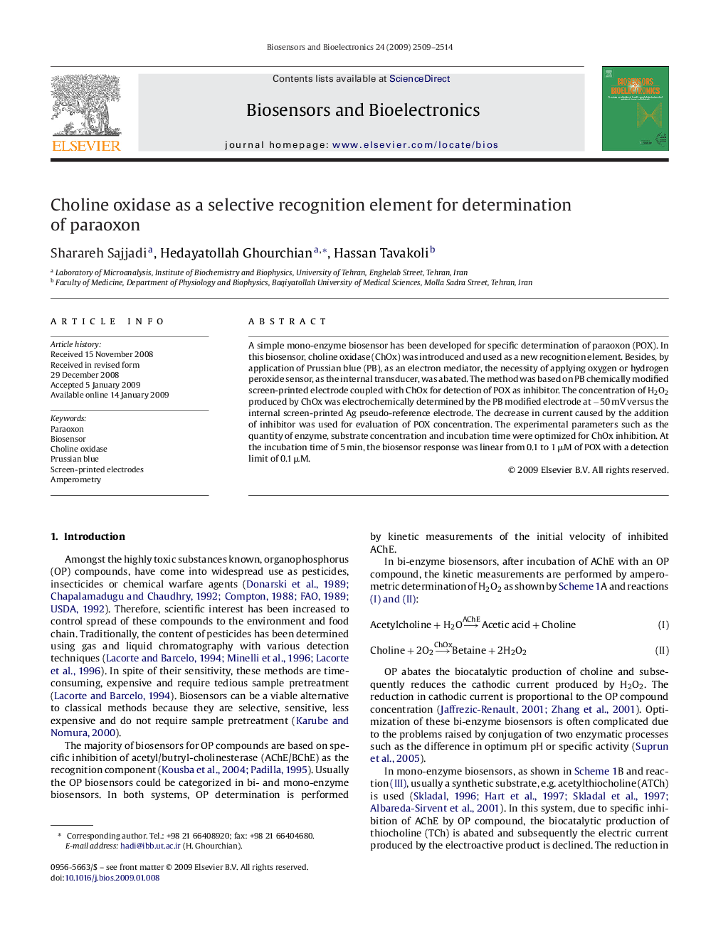 Choline oxidase as a selective recognition element for determination of paraoxon