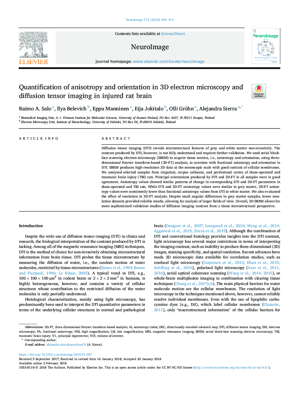 Quantification of anisotropy and orientation in 3D electron microscopy and diffusion tensor imaging in injured rat brain