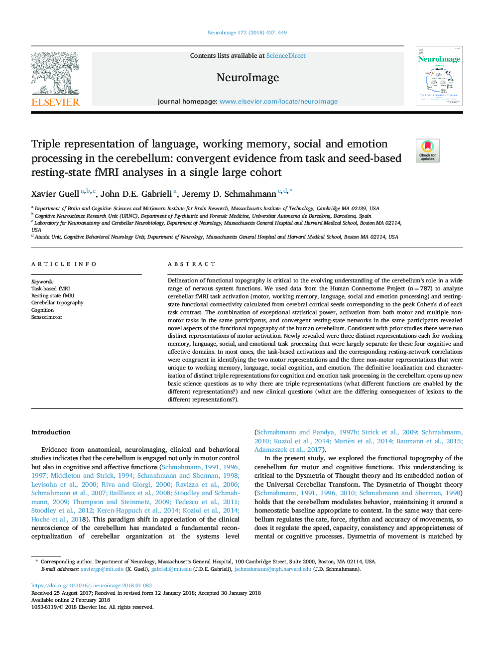 Triple representation of language, working memory, social and emotion processing in the cerebellum: convergent evidence from task and seed-based resting-state fMRI analyses in a single large cohort