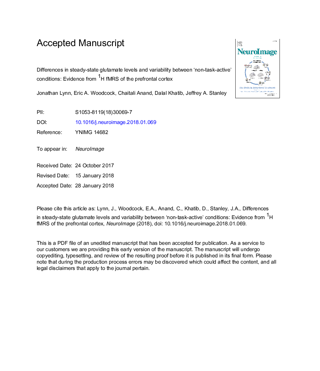 Differences in steady-state glutamate levels and variability between 'non-task-active' conditions: Evidence from 1H fMRS of the prefrontal cortex