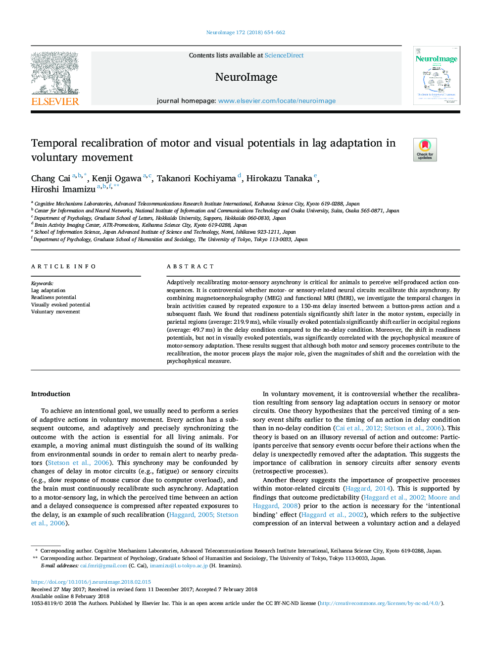 Temporal recalibration of motor and visual potentials in lag adaptation in voluntary movement