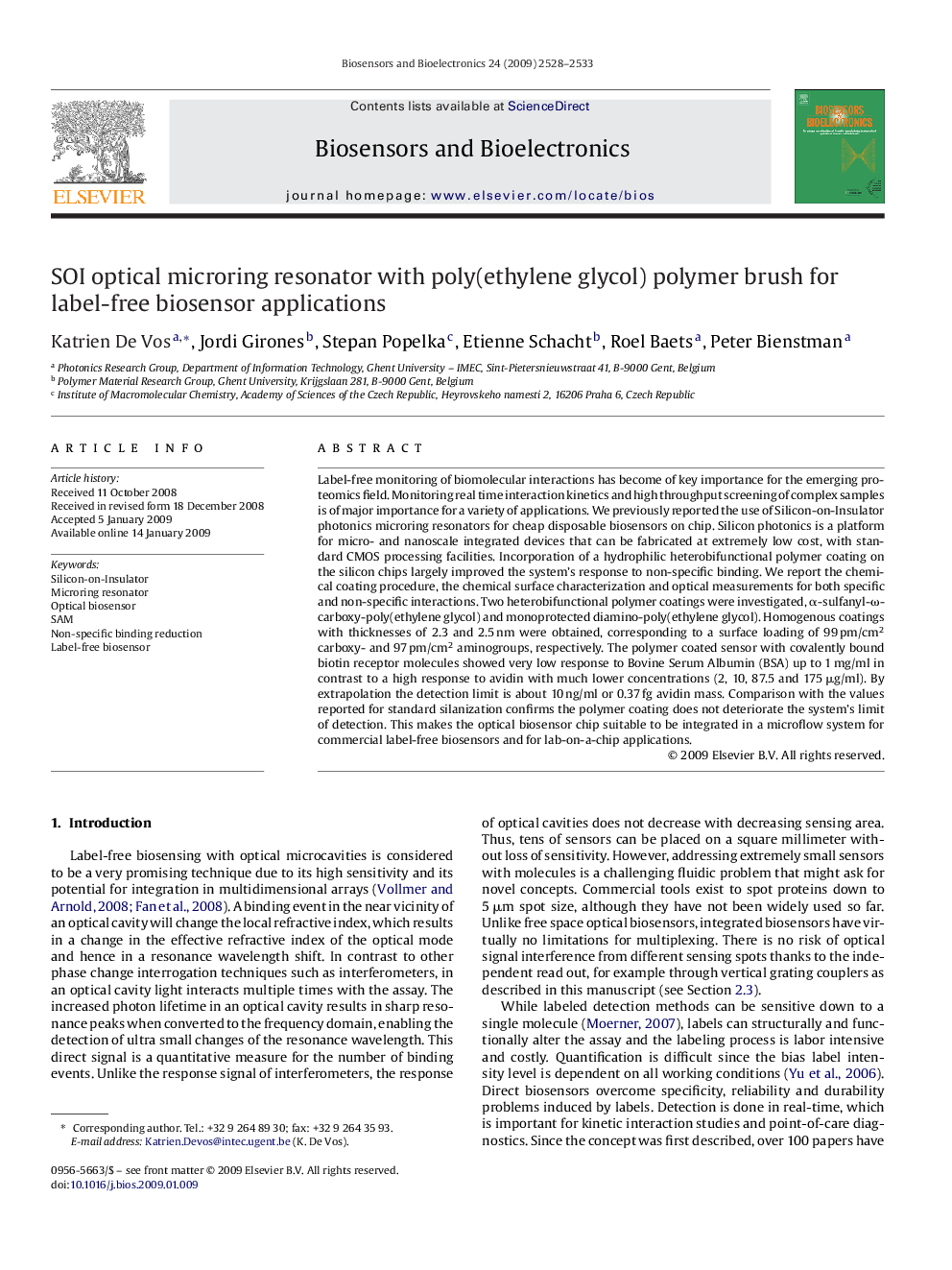 SOI optical microring resonator with poly(ethylene glycol) polymer brush for label-free biosensor applications