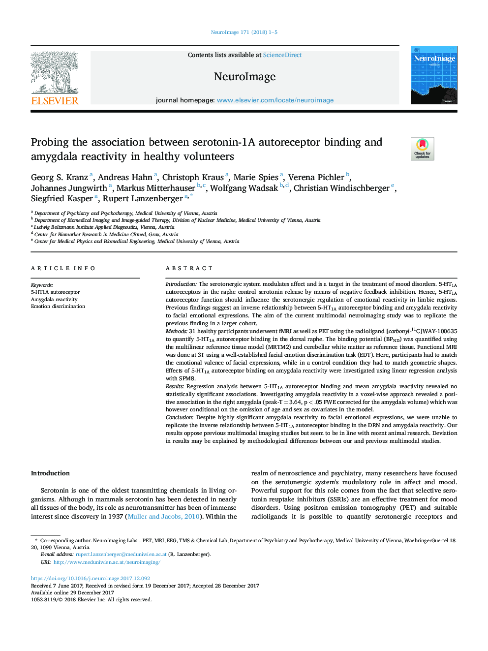 Probing the association between serotonin-1A autoreceptor binding and amygdala reactivity in healthy volunteers