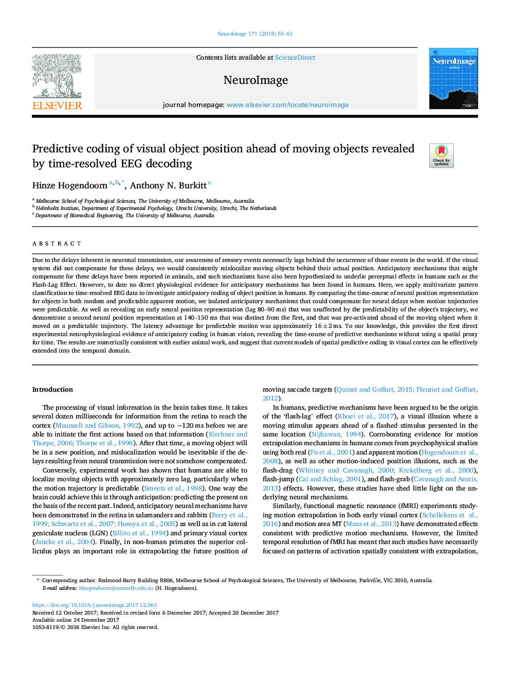 Predictive coding of visual object position ahead of moving objects revealed by time-resolved EEG decoding