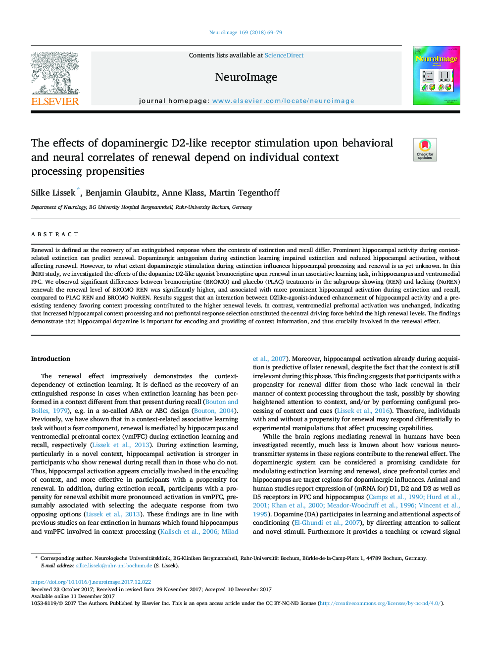 The effects of dopaminergic D2-like receptor stimulation upon behavioral and neural correlates of renewal depend on individual context processing propensities