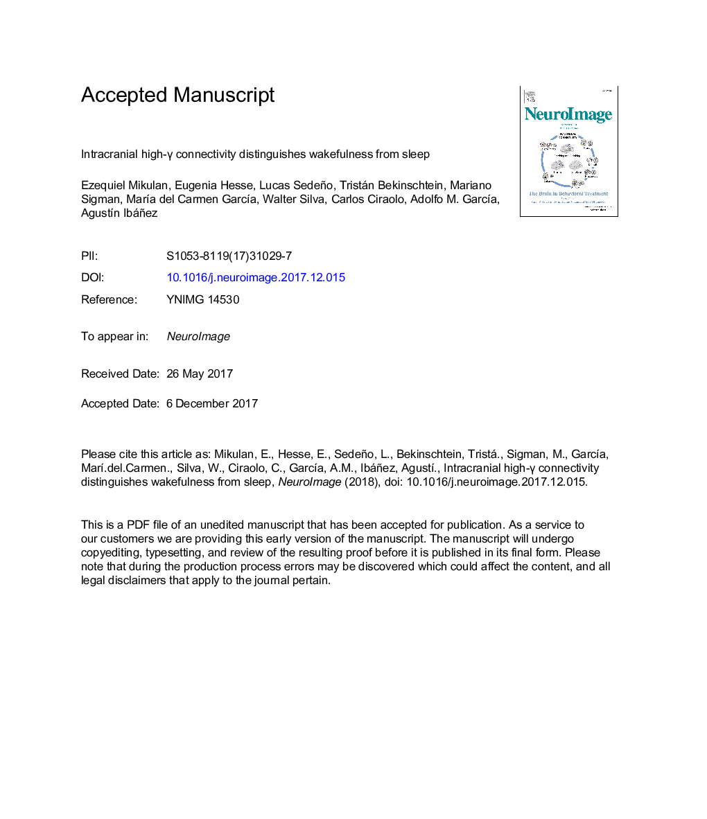 عکس صفحه اول مقاله: Intracranial high-γ connectivity distinguishes wakefulness from sleep Intracranial high-γ connectivity distinguishes wakefulness from sleep