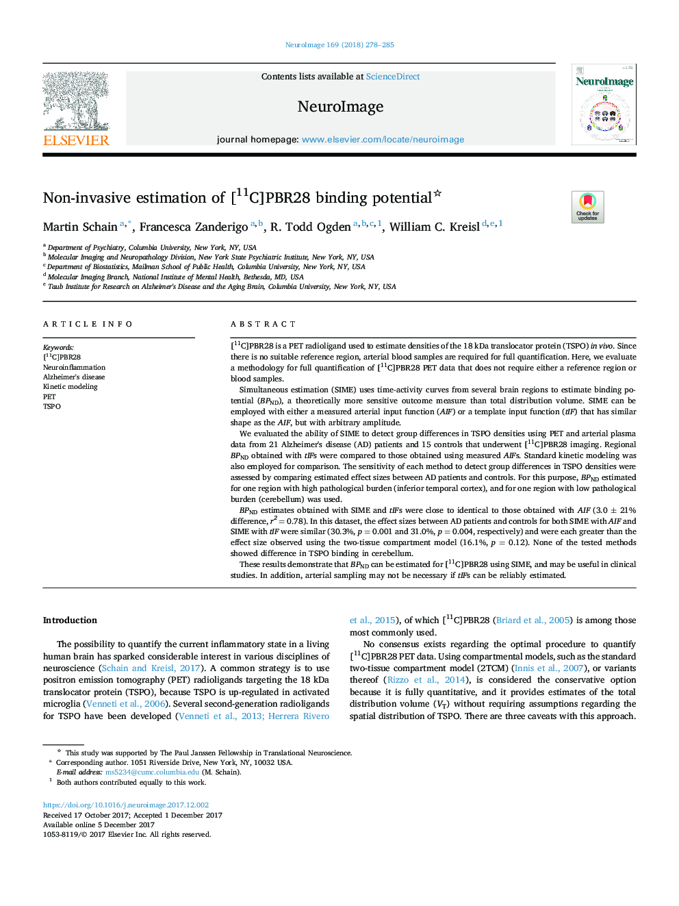 Non-invasive estimation of [11C]PBR28 binding potential