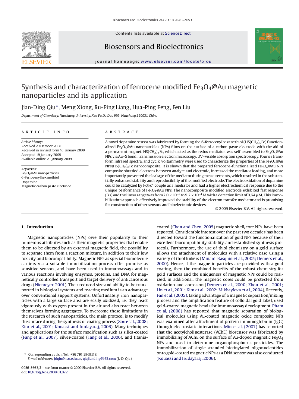 Synthesis and characterization of ferrocene modified Fe3O4@Au magnetic nanoparticles and its application