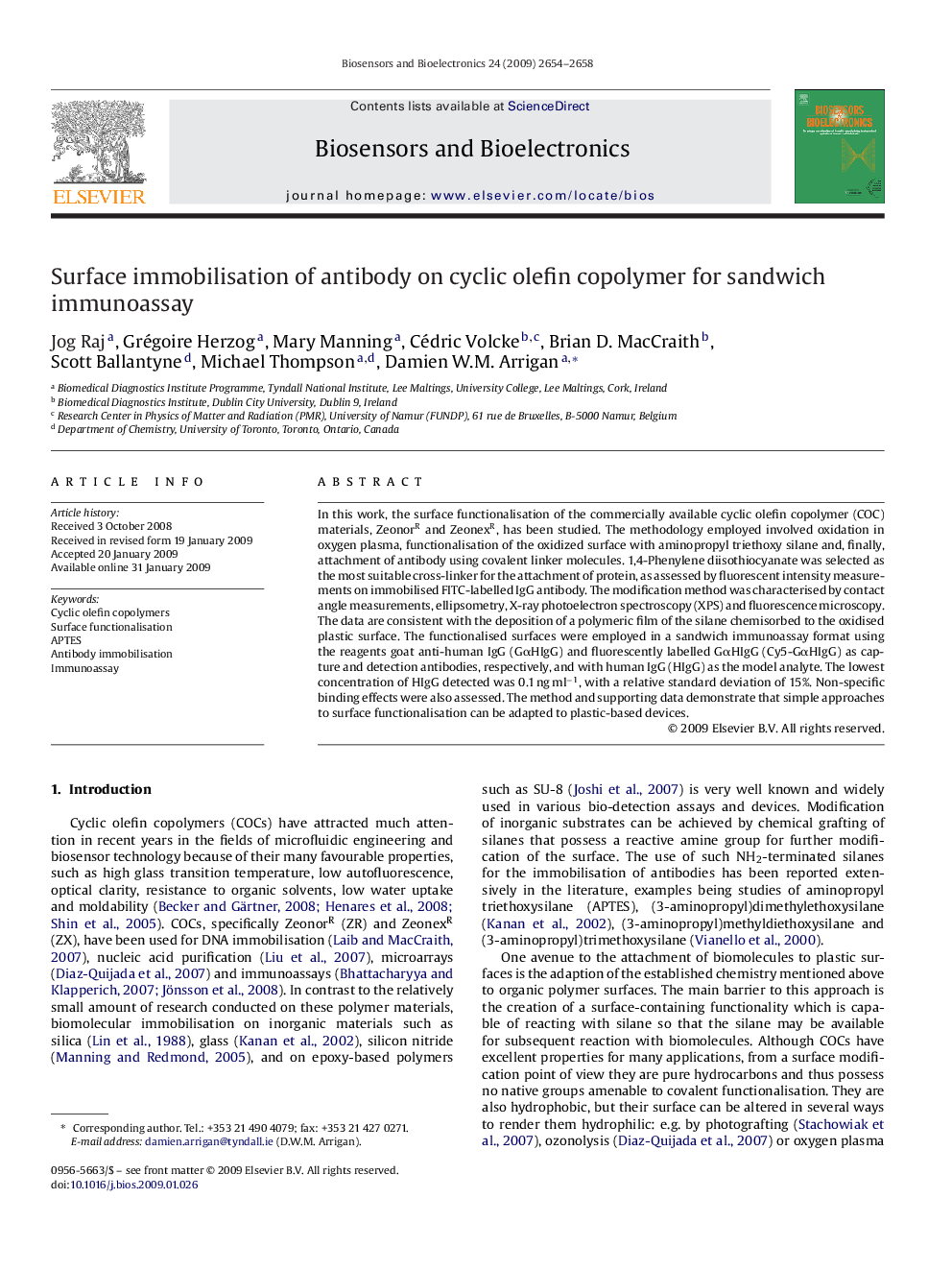 Surface immobilisation of antibody on cyclic olefin copolymer for sandwich immunoassay