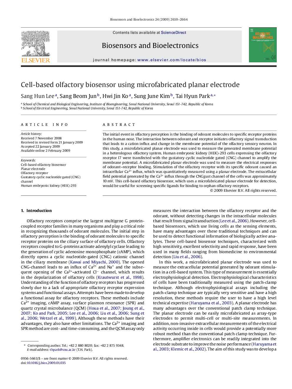 Cell-based olfactory biosensor using microfabricated planar electrode