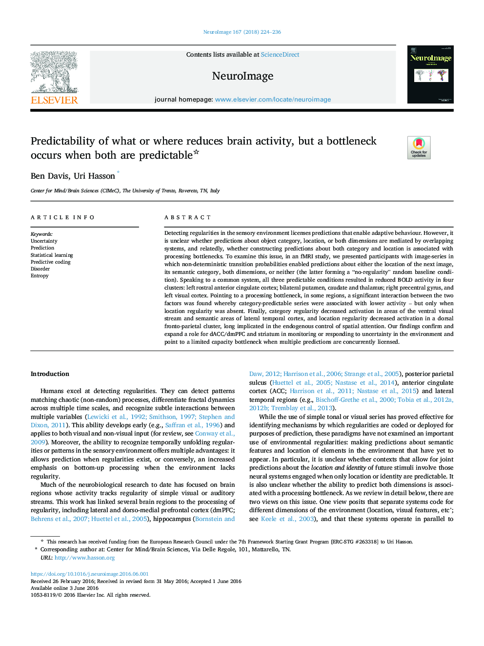 Predictability of what or where reduces brain activity, but a bottleneck occurs when both are predictable