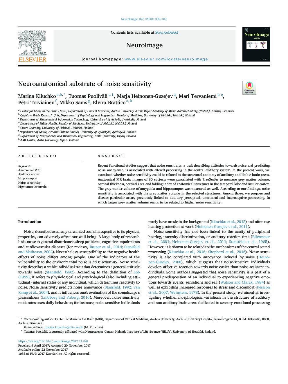 Neuroanatomical substrate of noise sensitivity