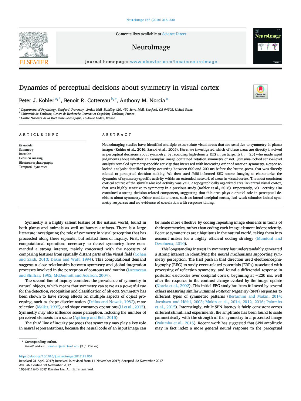 Dynamics of perceptual decisions about symmetry in visual cortex