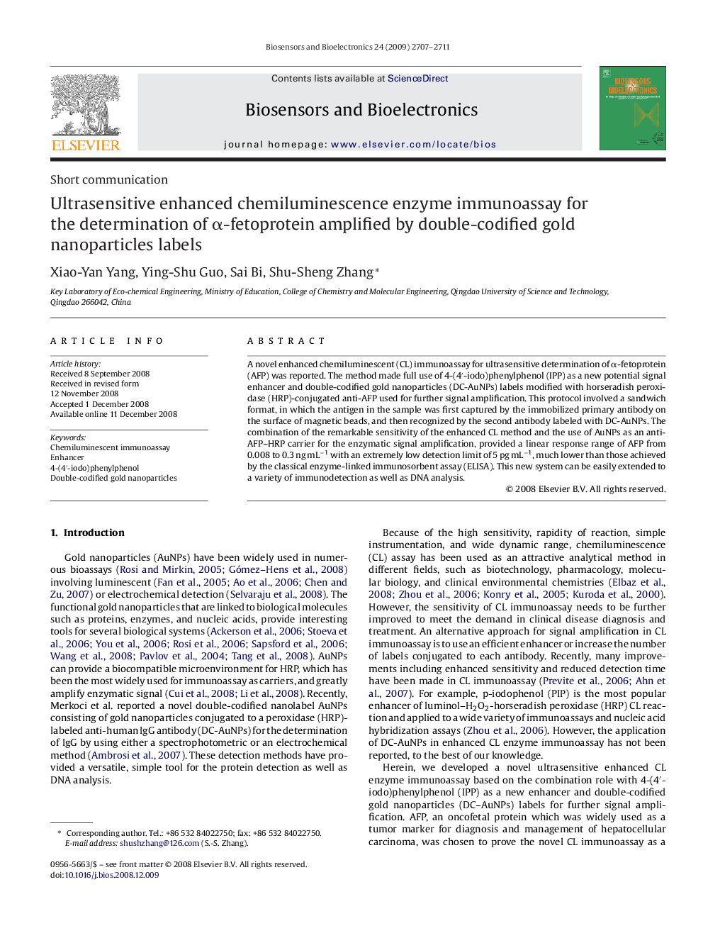 Ultrasensitive enhanced chemiluminescence enzyme immunoassay for the determination of α-fetoprotein amplified by double-codified gold nanoparticles labels