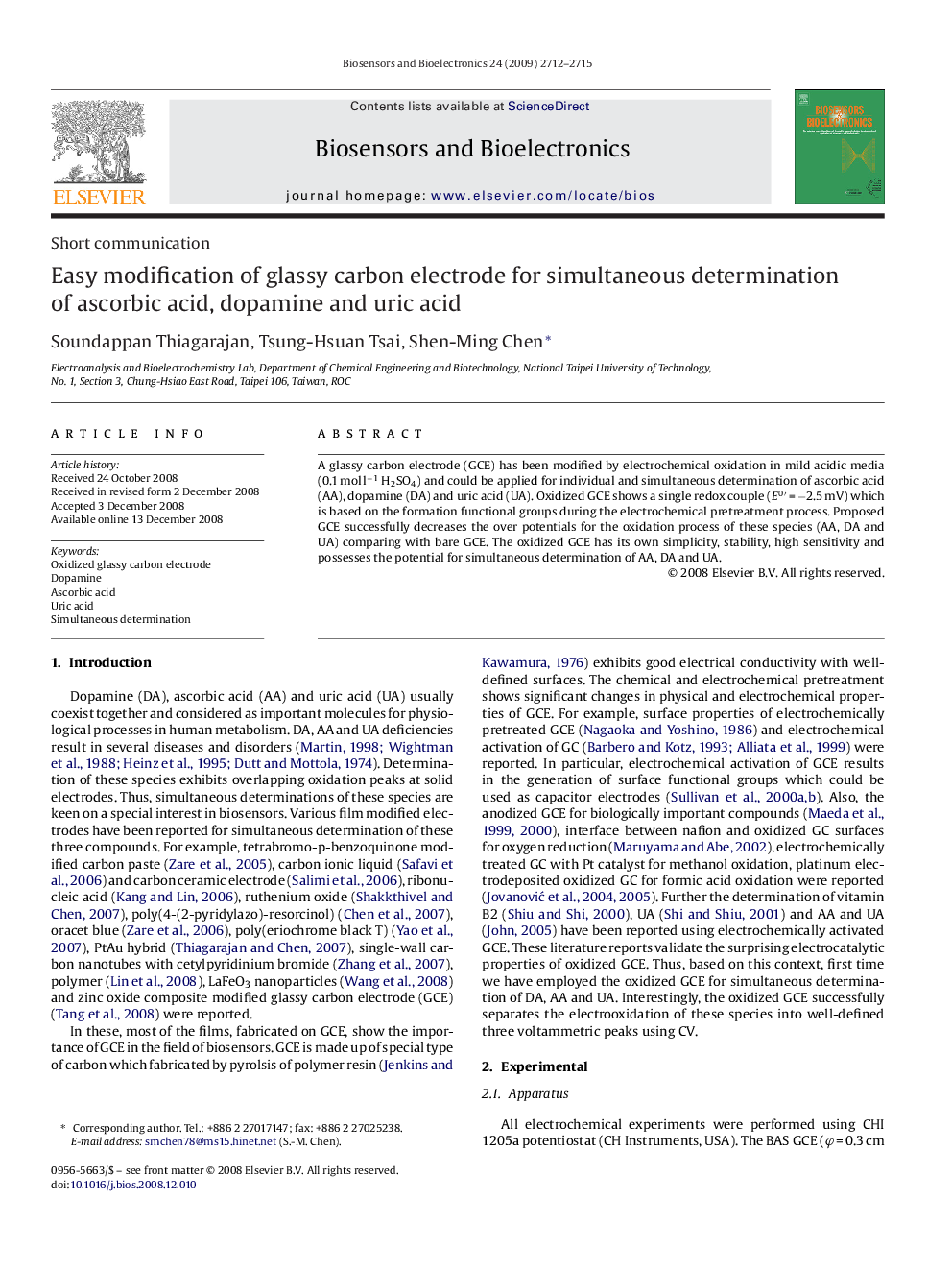 Easy modification of glassy carbon electrode for simultaneous determination of ascorbic acid, dopamine and uric acid