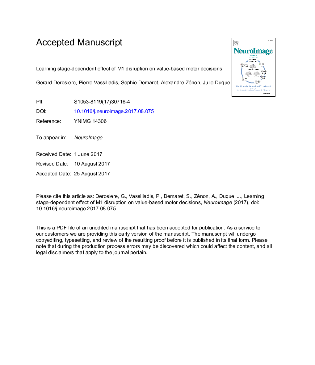 Learning stage-dependent effect of M1 disruption on value-based motor decisions