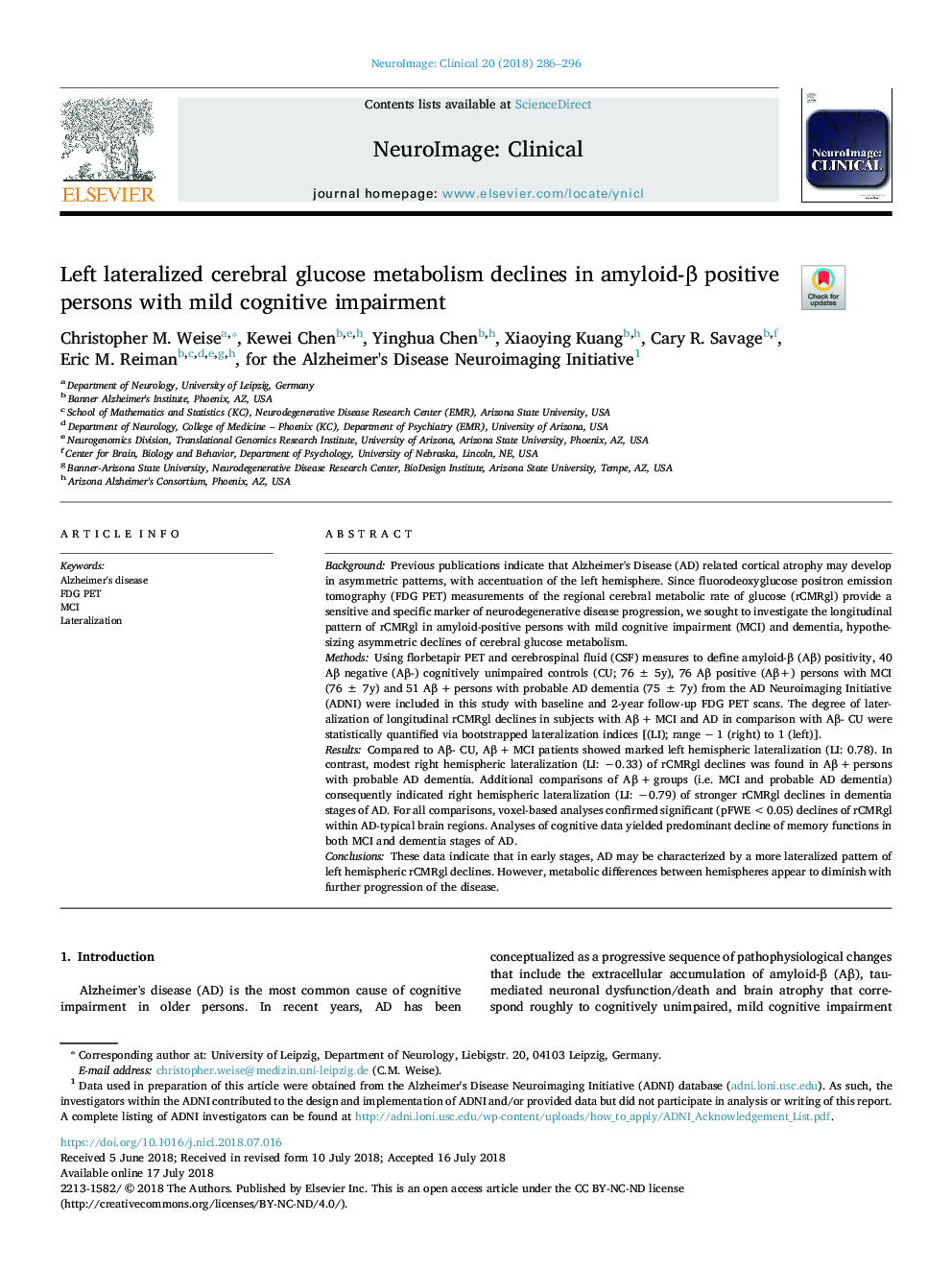 Left lateralized cerebral glucose metabolism declines in amyloid-Î² positive persons with mild cognitive impairment