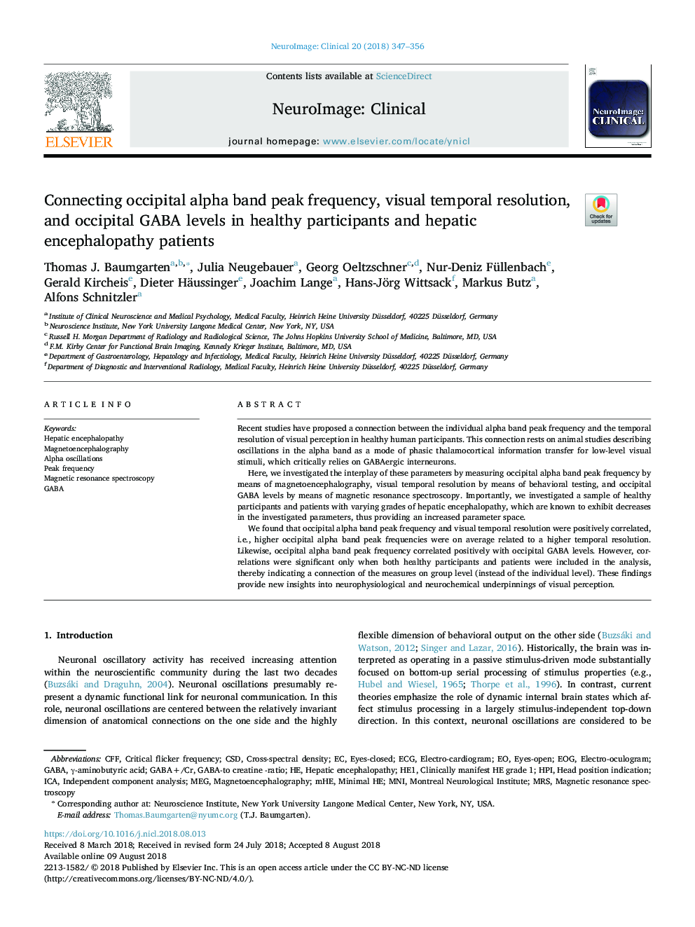 Connecting occipital alpha band peak frequency, visual temporal resolution, and occipital GABA levels in healthy participants and hepatic encephalopathy patients