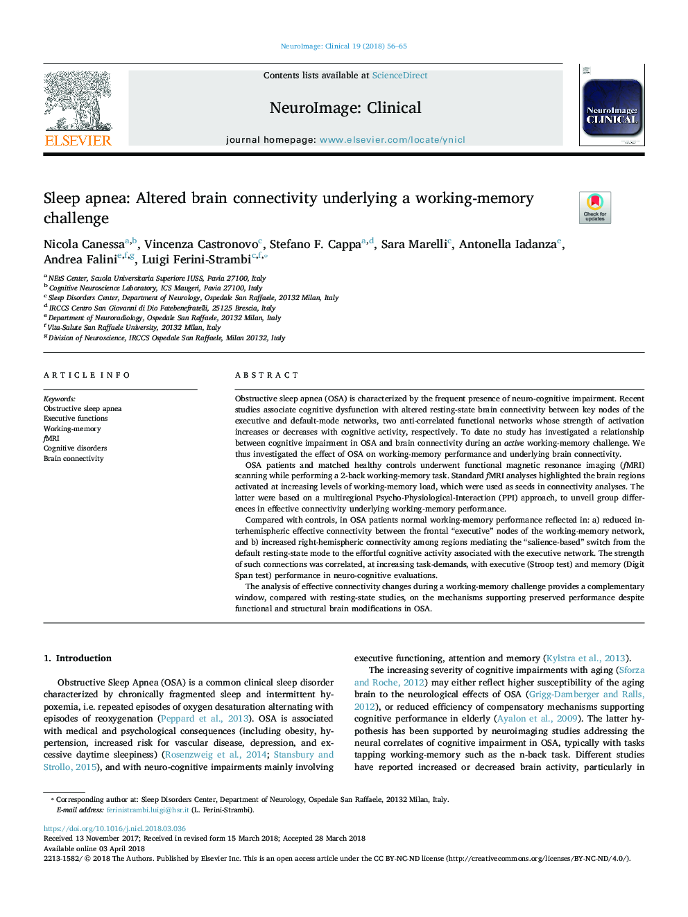 Sleep apnea: Altered brain connectivity underlying a working-memory challenge