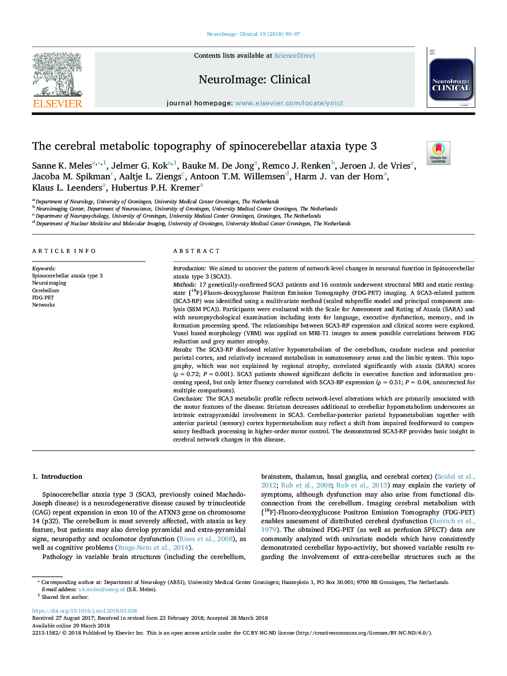 The cerebral metabolic topography of spinocerebellar ataxia type 3