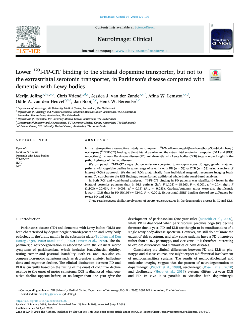 Lower 123I-FP-CIT binding to the striatal dopamine transporter, but not to the extrastriatal serotonin transporter, in Parkinson's disease compared with dementia with Lewy bodies