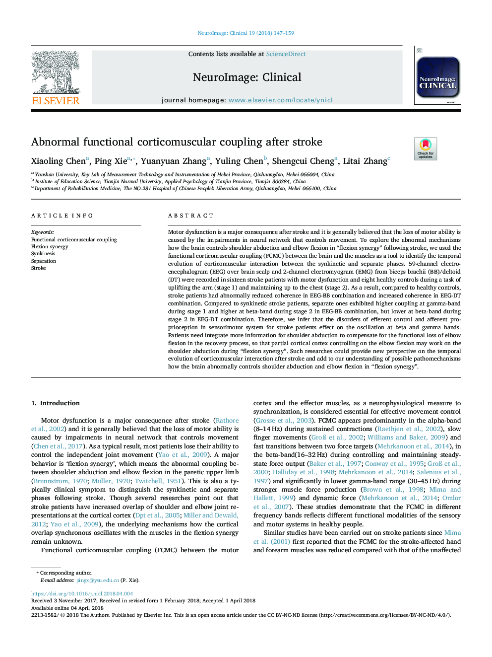 Abnormal functional corticomuscular coupling after stroke