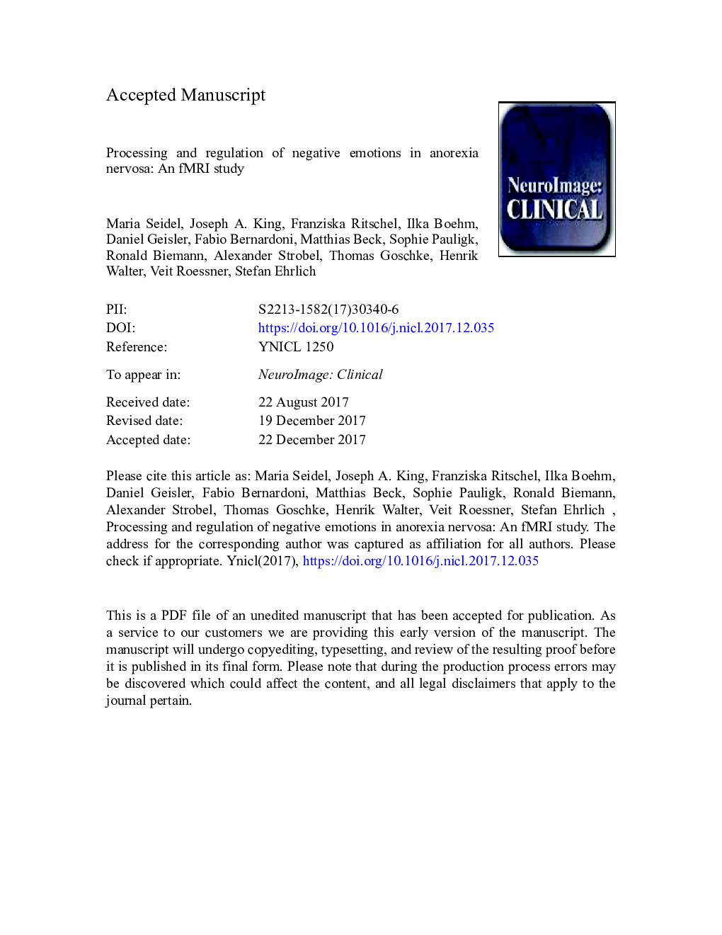 Processing and regulation of negative emotions in anorexia nervosa: An fMRI study