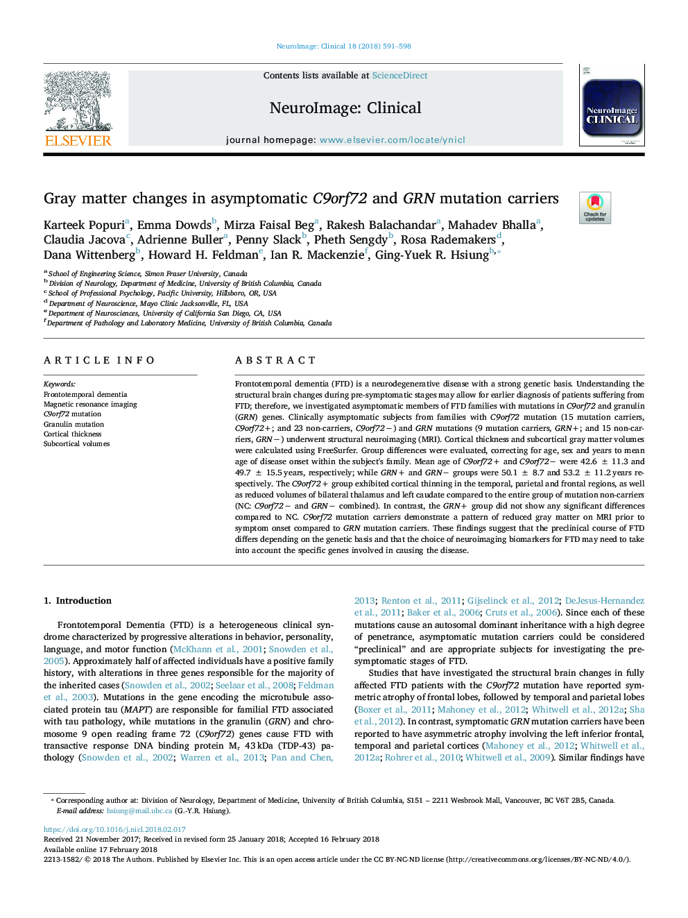 عکس صفحه اول مقاله: Gray matter changes in asymptomatic C9orf72 and GRN mutation carriers Gray matter changes in asymptomatic C9orf72 and GRN mutation carriers