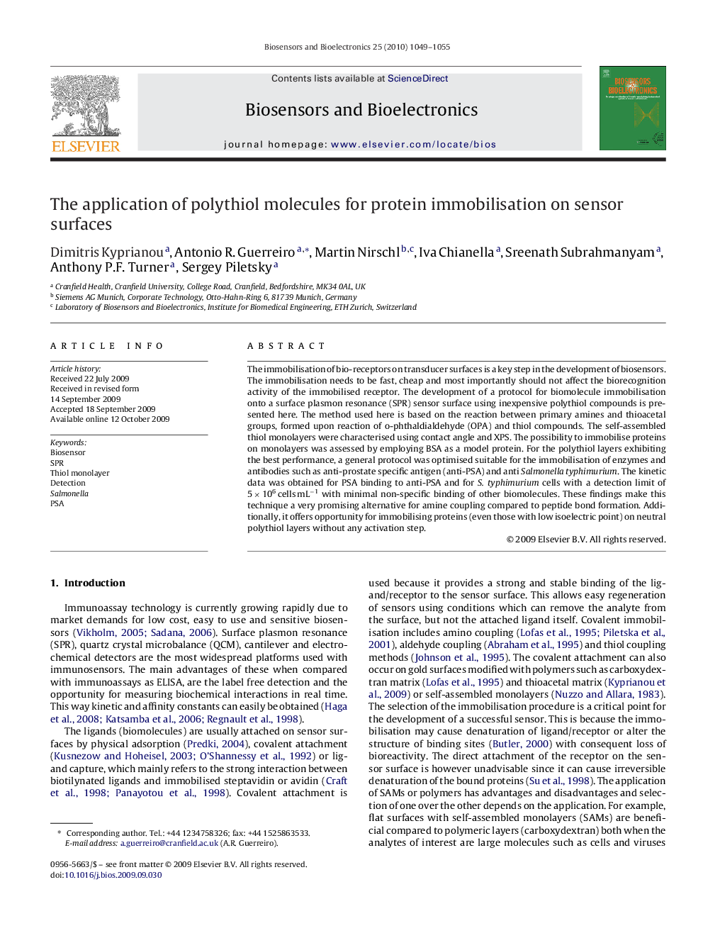 The application of polythiol molecules for protein immobilisation on sensor surfaces