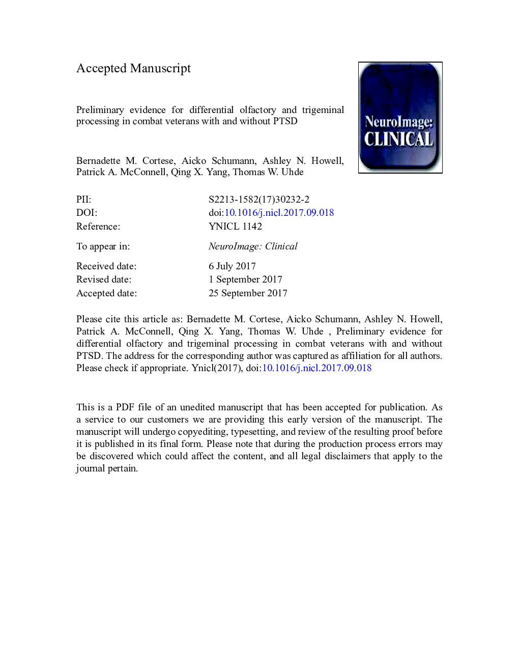عکس صفحه اول مقاله: Preliminary evidence for differential olfactory and trigeminal processing in combat veterans with and without PTSD Preliminary evidence for differential olfactory and trigeminal processing in combat veterans with and without PTSD
