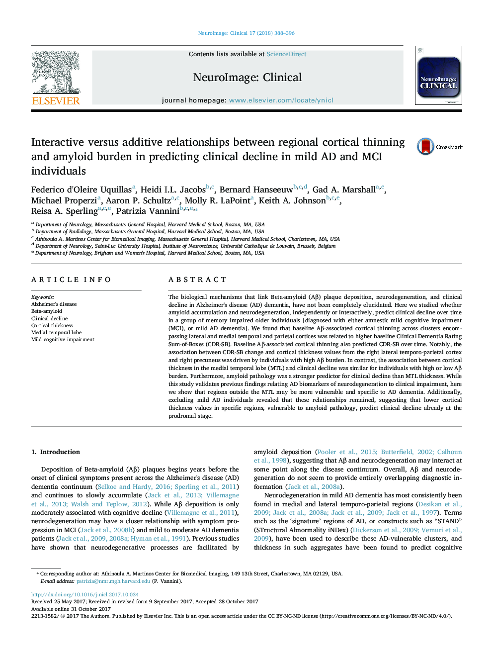 Interactive versus additive relationships between regional cortical thinning and amyloid burden in predicting clinical decline in mild AD and MCI individuals