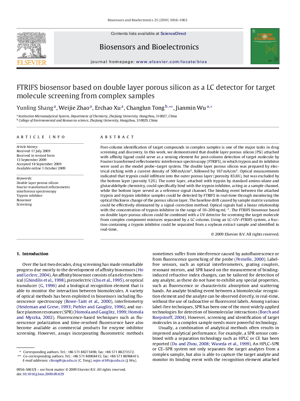 FTRIFS biosensor based on double layer porous silicon as a LC detector for target molecule screening from complex samples