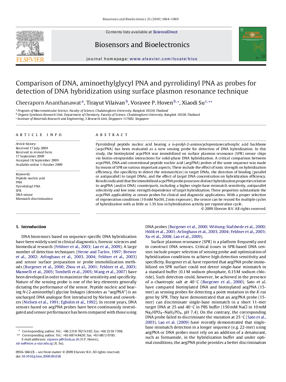 Comparison of DNA, aminoethylglycyl PNA and pyrrolidinyl PNA as probes for detection of DNA hybridization using surface plasmon resonance technique