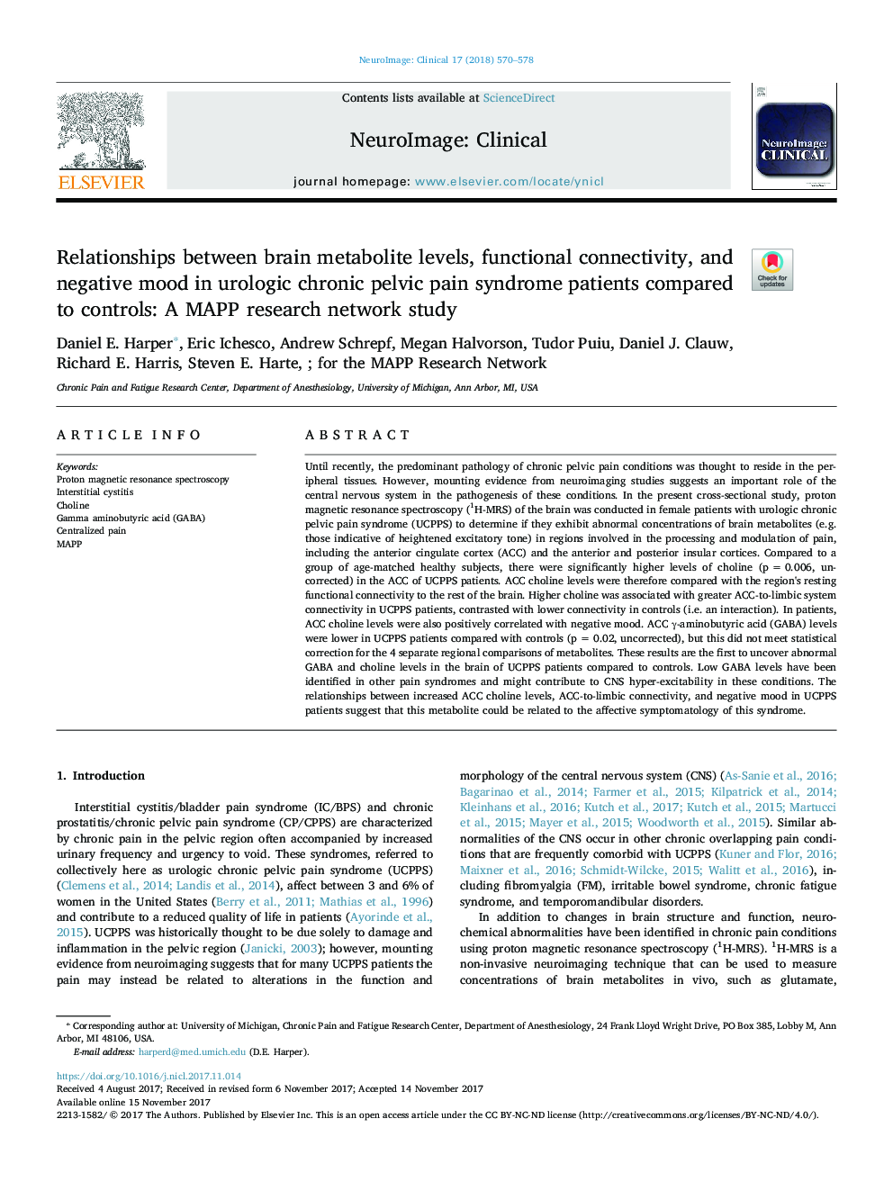 Relationships between brain metabolite levels, functional connectivity, and negative mood in urologic chronic pelvic pain syndrome patients compared to controls: A MAPP research network study