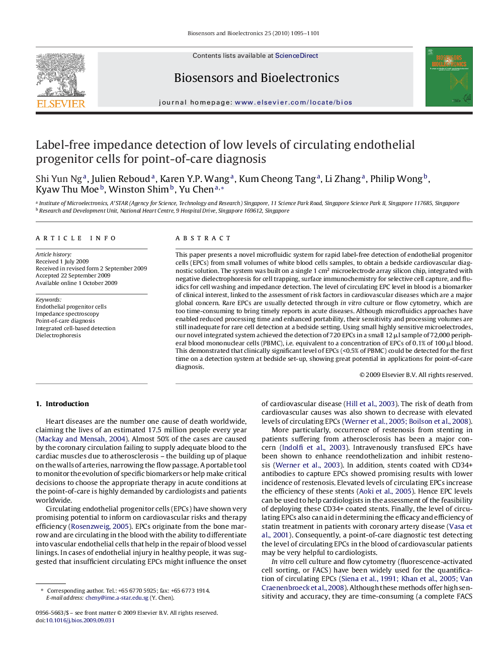 Label-free impedance detection of low levels of circulating endothelial progenitor cells for point-of-care diagnosis