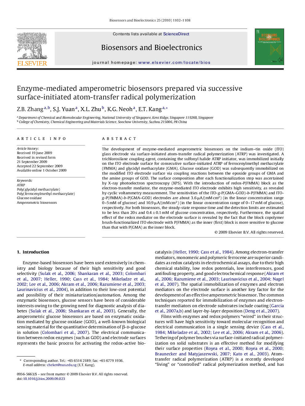 Enzyme-mediated amperometric biosensors prepared via successive surface-initiated atom-transfer radical polymerization