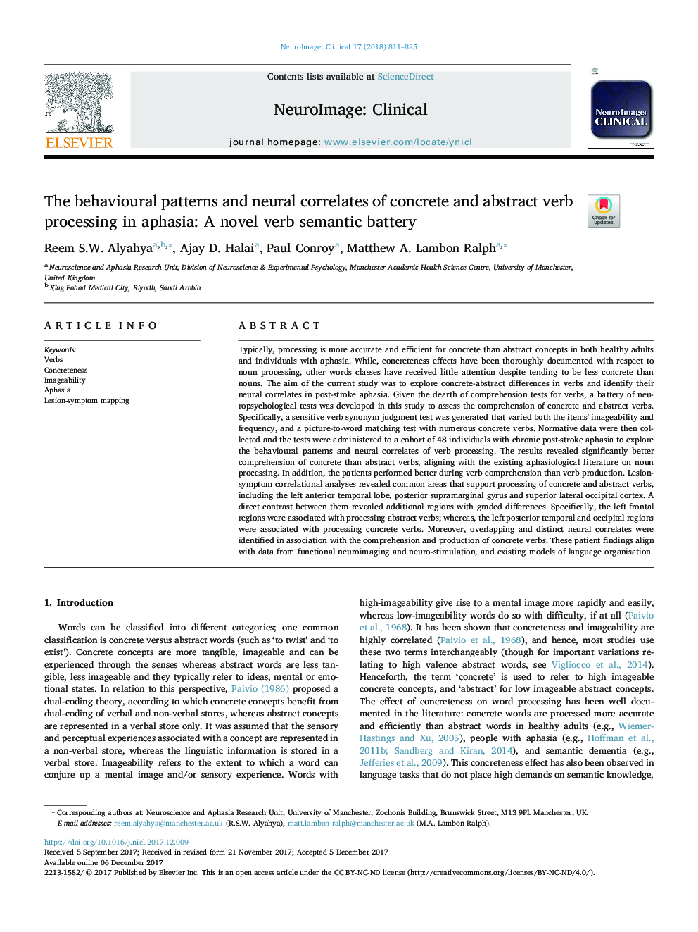 The behavioural patterns and neural correlates of concrete and abstract verb processing in aphasia: A novel verb semantic battery