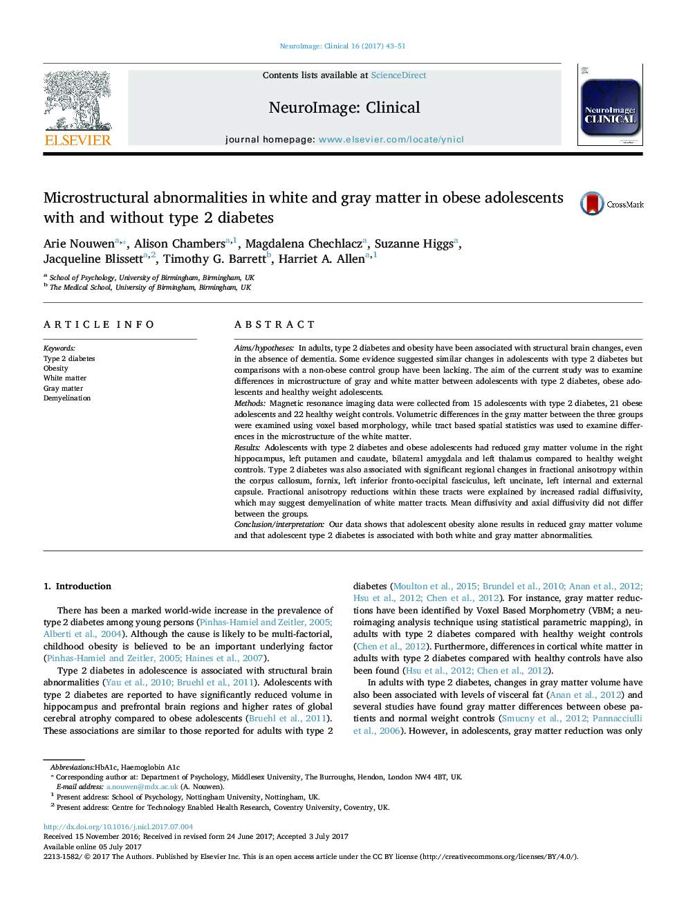 Microstructural abnormalities in white and gray matter in obese adolescents with and without type 2 diabetes