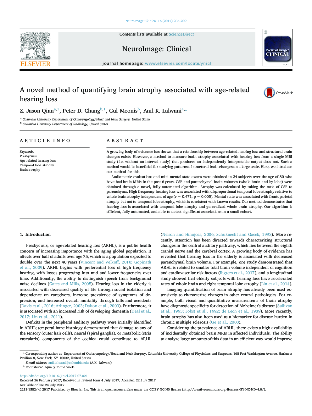 A novel method of quantifying brain atrophy associated with age-related hearing loss