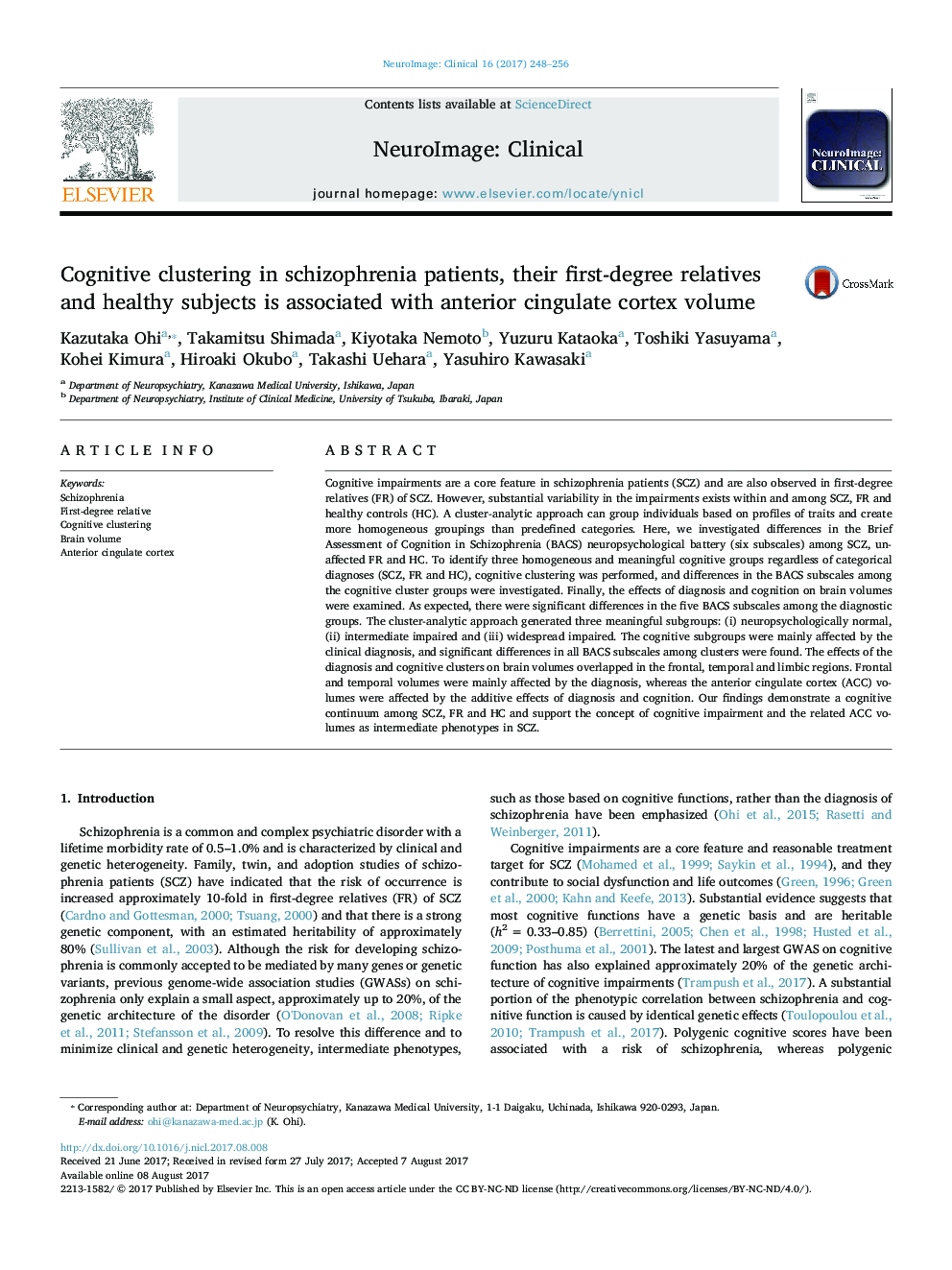 Cognitive clustering in schizophrenia patients, their first-degree relatives and healthy subjects is associated with anterior cingulate cortex volume