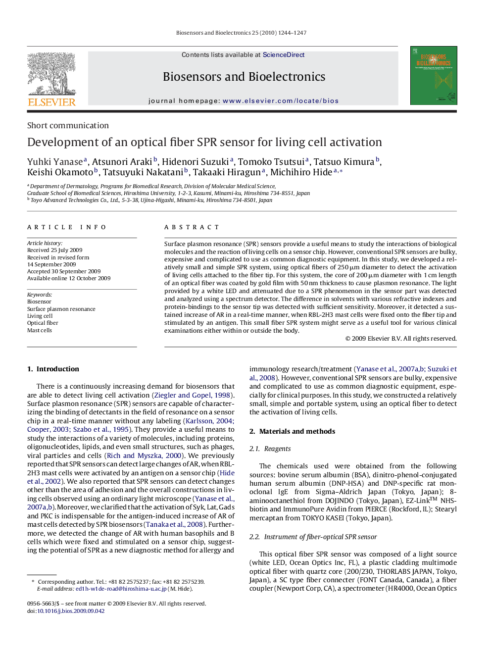 Development of an optical fiber SPR sensor for living cell activation