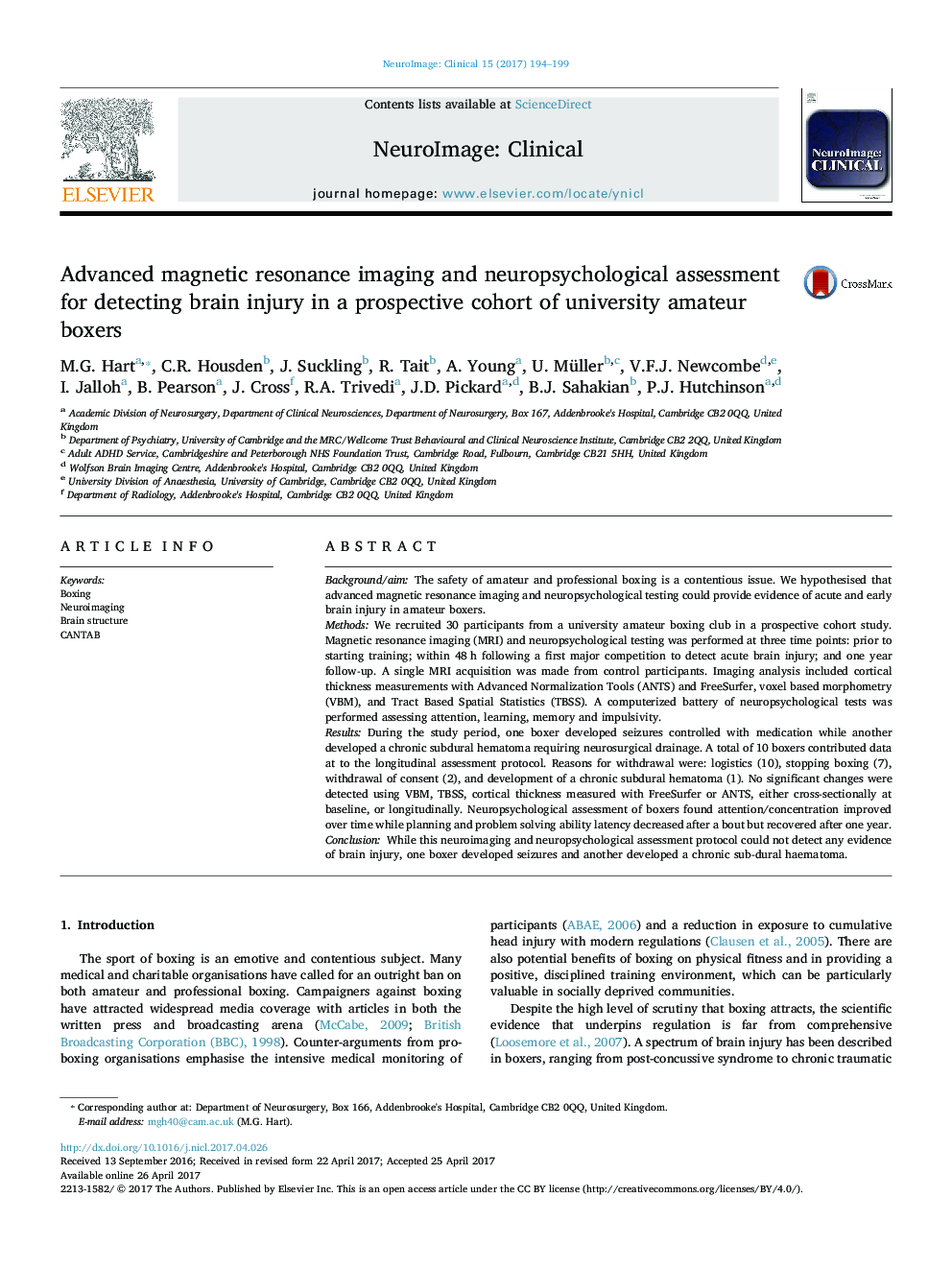 Advanced magnetic resonance imaging and neuropsychological assessment for detecting brain injury in a prospective cohort of university amateur boxers