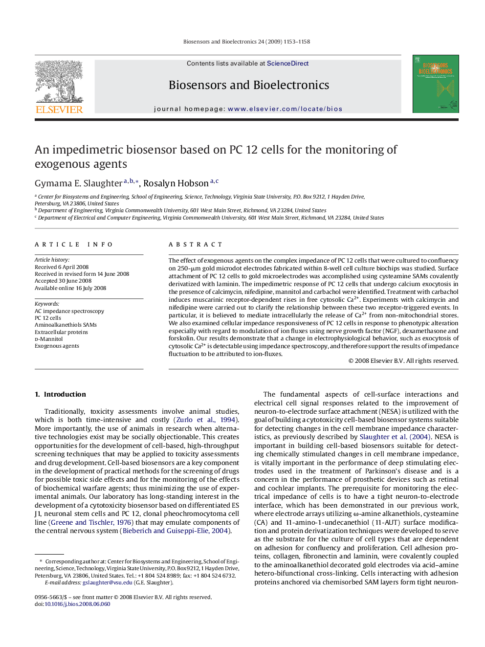 An impedimetric biosensor based on PC 12 cells for the monitoring of exogenous agents